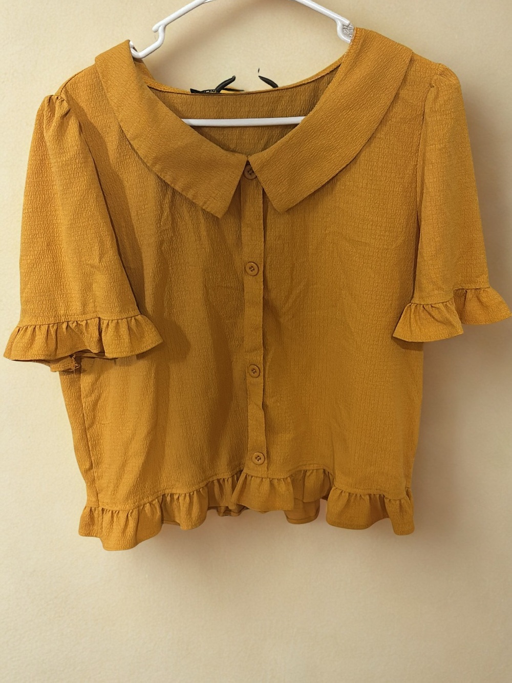 SHEIN Mustard Ruffle Button-Front Blouse
